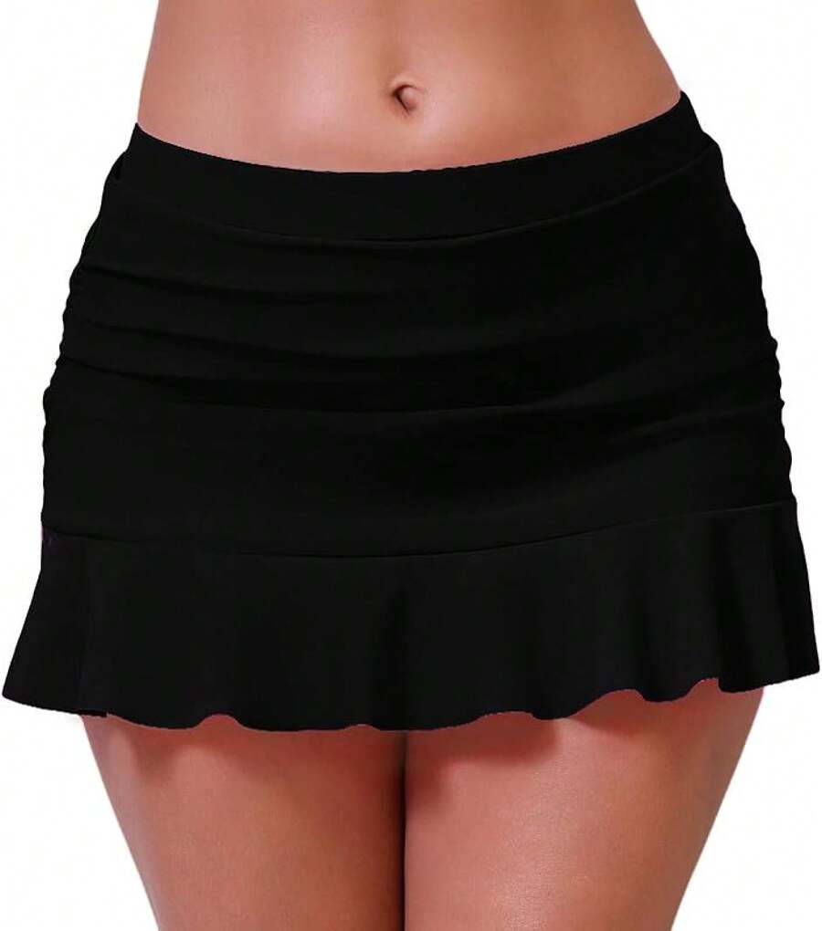 Halcurt Women's Low Waisted Ruched Ruffle Swim Skirts With Hipster Bikini Bottoms Tummy Control Swimsuit - Black 1 - View 1