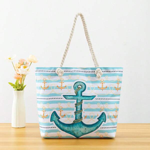 Nova Bolsa de Praia Casual com Impressão de Âncora Listrada