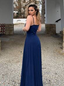 Jeta Ari Women's Summer Vacation Fish Bone Yellow Extra Long Ruffle Dress,Summer Dresses For Women - Navy Blue - View 3
