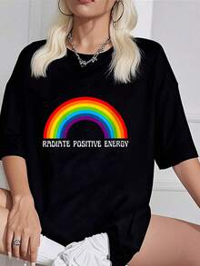 100% Cotton Womens Radiate Positive Energy O-Neck Crew Neck Short Sleeve T-Shirt, Casual Print Graphic Cotton Tees Women Tops - màu đen - Xem 1