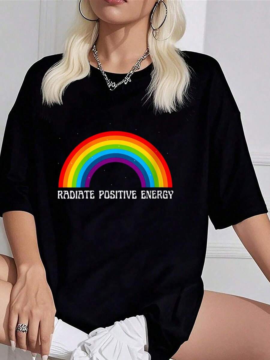 100% Cotton Womens Radiate Positive Energy O-Neck Crew Neck Short Sleeve T-Shirt, Casual Print Graphic Cotton Tees Women Tops - màu đen - Xem 1