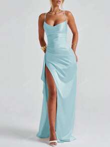 Elegant Sexy Satin Strapless Off Shoulder Ruffle Trim Waist Party Dress, Bridesmaid Dress, Formal Gown