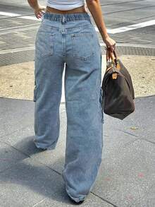 大码经典无弹力纯色牛仔裤 - 性感女士直筒牛仔裤，多口袋设计，女士休闲春季款 - 深色水洗藍 - 查看 2