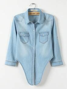 女士卷起 3/4 袖前系带衬衫 青年布牛仔短款上衣 - 淺色水洗藍 - 查看 4