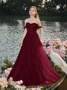 Faeriesty 露肩婚纱，新娘礼服，带有花卉蕾丝贴花，可调节后蕾丝紧身胸衣和梦幻薄纱 A 字裙，非常适合浪漫婚礼