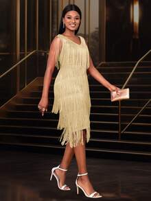 فستان نسائي بياقة على شكل حرف V بدون أكمام وبتصميم الشراريب متوسط الطول، مناسب تماماً للأعراس، ضيوف الزفاف، حفلات الحمام العروس، حفلات العزوبية، العطلات، أعياد الميلاد، التخرج، الحفلات الراقية، عيد العودة إلى المنزل، وليلة رأس السنة