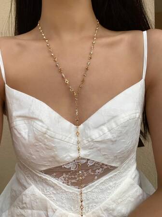 1pc Golden/Silver Y-Shaped Long Necklace For Women, Party/Gala Accessory, Deep V Neck Blingbling Pendant, Daily, Holiday, Anniversary, Birthday Gift, Bohemian Elegant Luxury Minimalist Sexy Cute