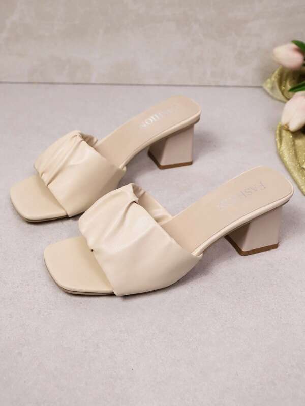 1 Pair Plus Size Beige Soft PU Backpack Slip-On High Heel Mules, Square Toe Thick Heel Minimalist Design, Fashionable & Elegant Lightweight Roman Style Slippers Suitable For Teens, For Daily, Party, Commuting, Travel, Spring/Summer 2025