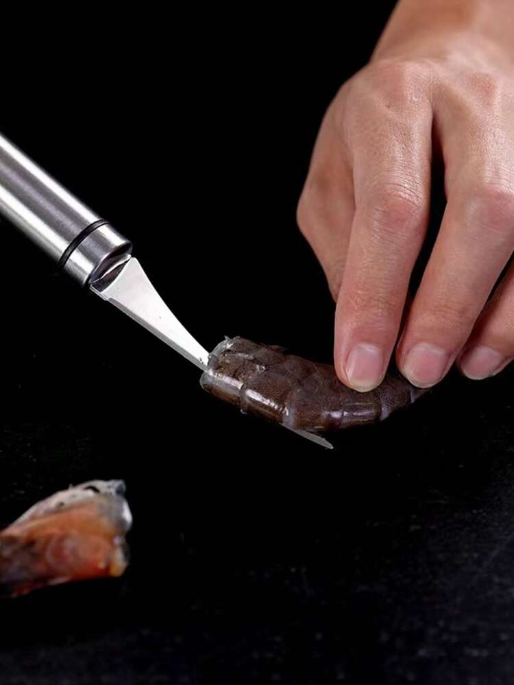 1 pieza Limpiador de intestino de camarón de acero inoxidable - Pelador de marisco - Cortador de cáscara de camarón - Limpiador de intestino de camarón portátil - Utensilios de cocina fáciles de limpiar, adecuado para la preparación de langosta y camarón - Plateado - Añade 1