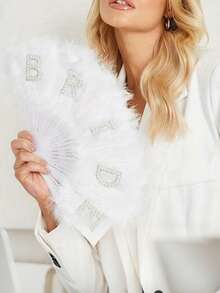 1PC Elegant Pearl Decorative Bridal Feather Fan,White Bride Fan Bride Faux Pearl&English Letter Decor White Folding Fan,Large-Size Handheld Fan For Bachelorette Party&Wedding Decoration,Sweet,Romantic&Beautiful Wedding Gift Wedding Decoration(The Fan Cannot Be Folded) - Multicolor - View 3