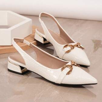 2025 Autumn Women's Alligator Embossed Pointed Toe Buckle Chunky Heeled Slingback Pumps