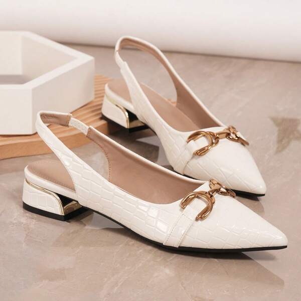 Women's Alligator Embossed Pointed Toe Buckle Chunky Heeled Slingback Pumps