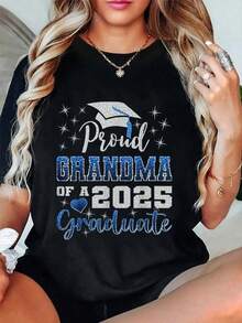 100% Cotton Super Proud Grandma Of 2025 Graduate Awesome Family College T-ShirtSummer Party Casual Fashion T-Shirt Holiday Commemorative T-Shirt - Black - View 1