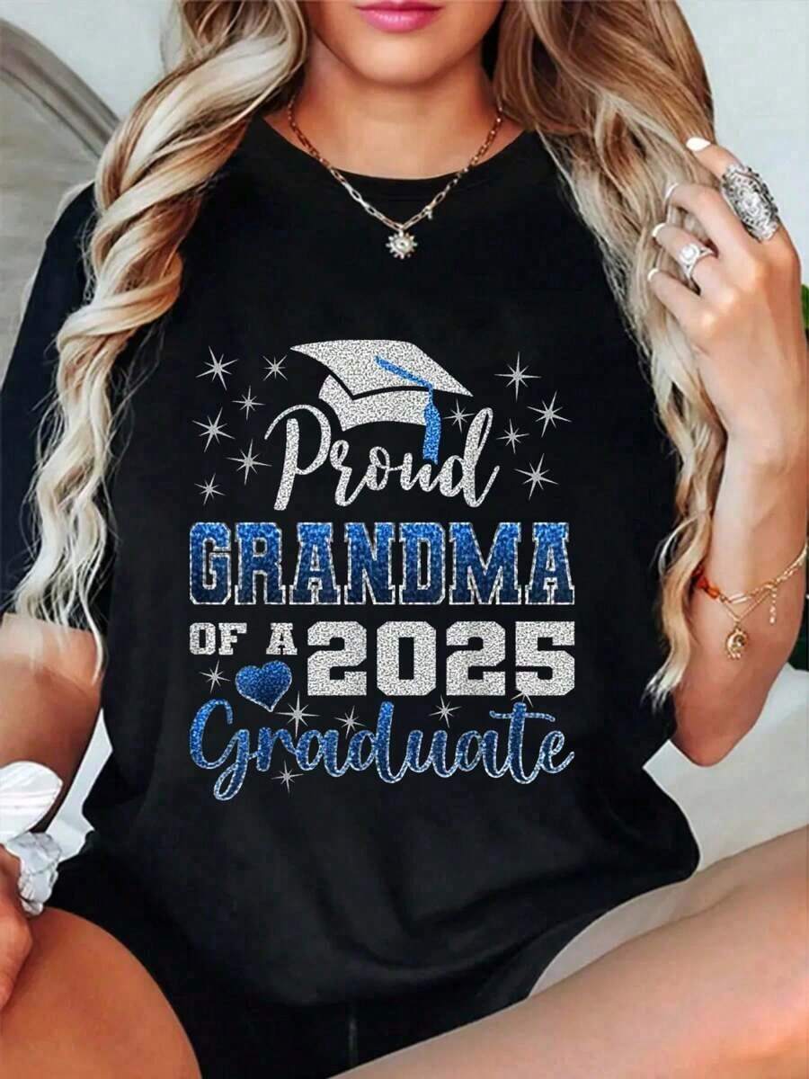 100% Cotton Super Proud Grandma Of 2025 Graduate Awesome Family College T-ShirtSummer Party Casual Fashion T-Shirt Holiday Commemorative T-Shirt - Black - View 1