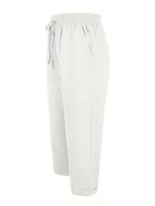 Jisfaneya Solid Color Drawstring Waist Pleated Effect Fabric Gray Straight Leg Capri Pants, Versatile Spring/Summer Capri Pants Suitable For Vacation, Daily Wear And Home - Granny Gray - View 4