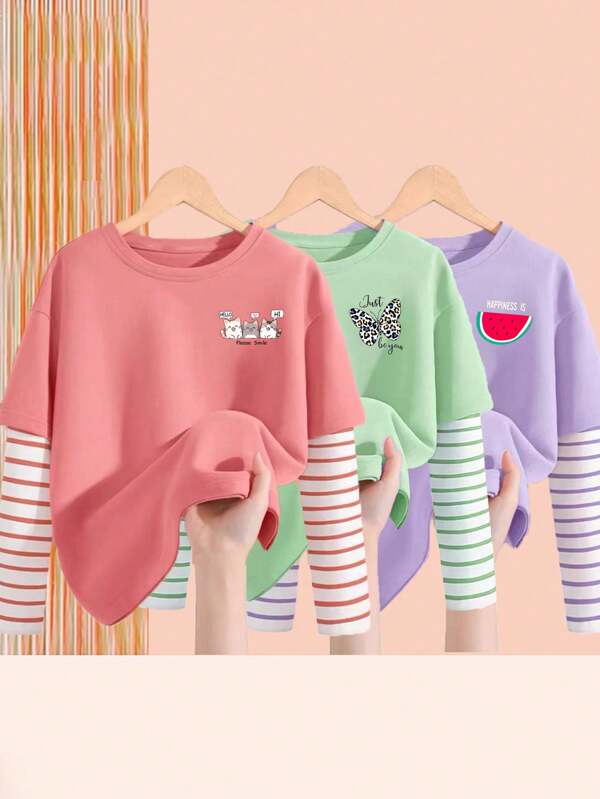 Set de 3 camisetas de manga larga lindas para niñas, camisetas femeninas para niñas jóvenes, top de 2 en 1 a rayas de colores contrastantes