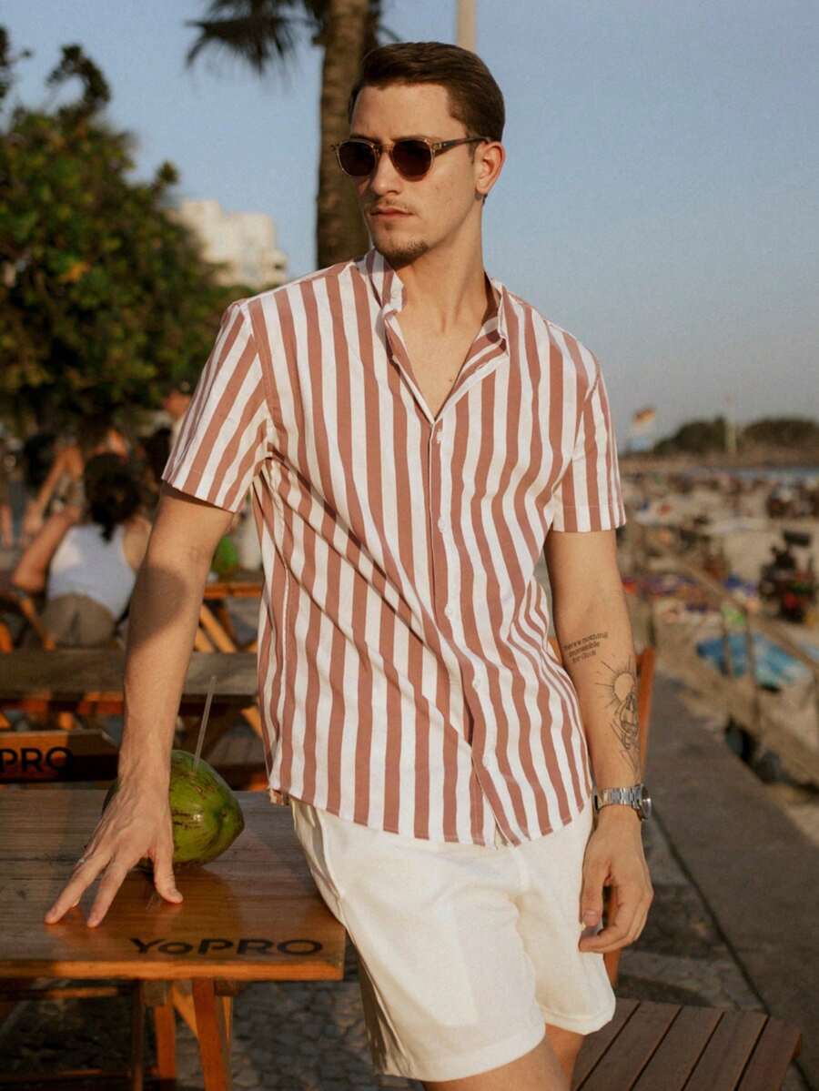 Men's Short Sleeve Shirt With Priest Collar Premium Quality Light And Fresh Fabric Easy To Iron - 紅白色 - 查看 1