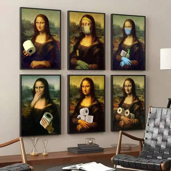 1pc Funny Toilet Mona Lisa Wear Pearls Girl With Roll Paper Poster Self-Adhesive Art Waterproof Paper Sticker Wall Decor