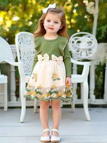 女婴时尚休闲优雅碎花荷叶边蝴蝶结圆领长袖网纱连衣裙，春秋季