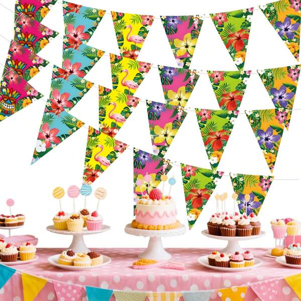 1/3 pacchetti di ghirlande Hawaiian Bunting, bandiere hawaiane tropicali triangolari di carta colorate a fiori per decorazioni di feste hawaiane estive, interne ed esterne, piscina e spiaggia (set di 12 bandierine), decorazioni per stanze, compleanni