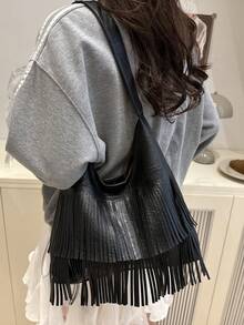 Túi xách tay thời trang màu trơn năm 2026, túi đeo chéo tối giản có tua rua, túi đeo vai dung tích lớn. - màu đen - Xem 7