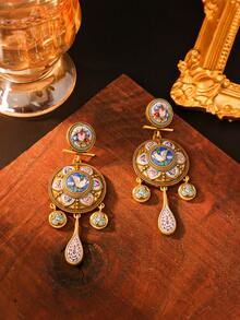 Vintage Retro Metal Round Pendant, Featuring Colorful Floral And Designs, Made With Oil Painting Technique, Suitable For Formal Events, Vacation And More - Of Peace Earrings - View 7