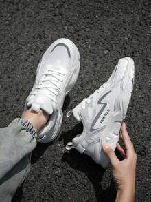 男士轻便透气网眼户外休闲运动鞋，日常街头潮流黑白 PU 皮革拼接低帮跑步鞋，大码厚底运动鞋，适合所有季节 - 白色 - 查看 8