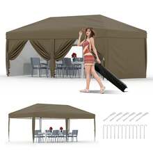20x10 Pop Up Canopy Tent Outdoor Canopy One-Person Set Up Heavy Duty Commercial Instant Tent Shelter, 6-Sidewall+Brown - Brown - View 1
