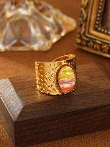 1 pieza Anillo de color degradado naranja, blanco y amarillo, chapado en acero inoxidable con acabado en oro de 18k, elegante estilo francés, adecuado para uso diario, fiestas, festivales, vacaciones en la playa, regalos o colecciones