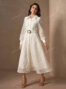 Elegant Embroidered & Solid Color Panel Collar And Cuffs Full Front Opening Romantic Floral Trim A-Line Fitted Dress For Women