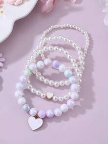 4件套女孩珍珠心形吊坠手链套装，节日礼物 - 均碼 - 查看 4