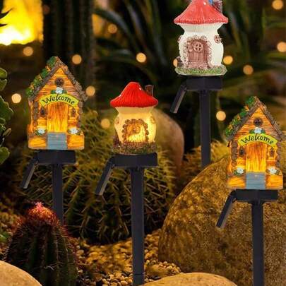 1PC Solar-Powered Mushroom House LED Garden Lights | Energy-Efficient Outdoor Pathway Lighting | Multi-Color Resin Lawn Decor With Floral Accents | Semi-Embedded Installation | Solar Charging | Ideal For Festive Yard And Patio Ambiance, Solar Garden Lights