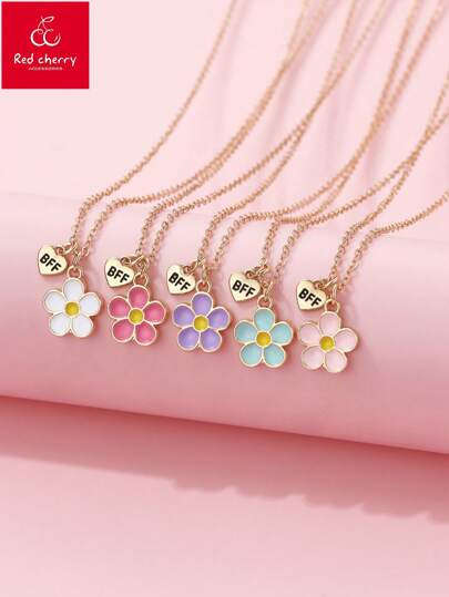5pcs Girls Zinc Alloy Colorful Enamel Flower Shaped Pendant Necklace Set With BFF Heart Shaped Charm, Suitable For Daily Life And Wear With Friends