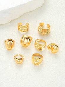 17KM 15/10/8Pcs Punk Smooth Geometric Open Rings Set For Women Old Money Exaggerated Irregular Silvery Golden Color Thick Chunky Ring Hip Hop Jewelry Gifts