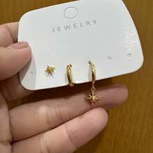 3pcs Delicate Earrings Set, 14K Gold Plated Star Earrings, Low Allergy Cartilage Stud Earrings, Everyday Layered Earrings, Suitable For Sensitive Ears (3pcs, Single Ear Wear) - Gold - View 6