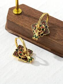 1 par de pendientes de aro de estilo chino vintage con diseño de contraste mate de círculos esmaltados y de colores