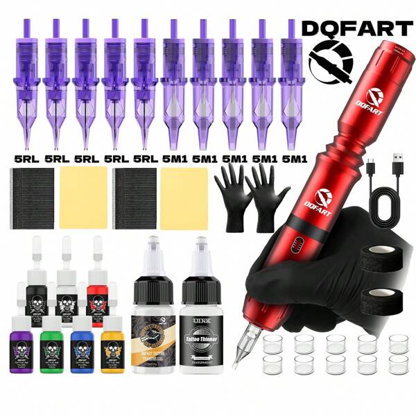 DQFART Kit de tatuaje inalámbrico, que incluye máquina de tatuaje, 7 colores de tinta, 10 agujas de tatuaje, piel de práctica de tatuaje y una variedad de suministros de tatuaje. Es un kit de tatuaje completo adecuado para principiantes y artistas del tatuaje