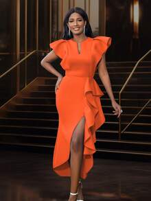 缺口领盖袖不对称下摆派对礼服，优雅鸡尾酒半正式舞会礼服，适合生日、婚礼宾客、毕业典礼、晚宴、返校节、返校节