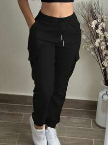 Fashion Casual Solid Color Simple Pocket Elastic Waist Drawstring Cargo Pants - Black - View 3