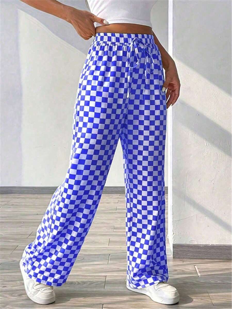Plaid Print Casual Loose Drawstring Wide Leg Pants