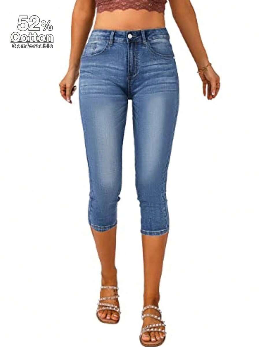 夏季休闲水洗高腰修身牛仔裤，女士七分裤，美国独立日骄傲节女士服装，女士度假装，度假牛仔裤，女士教师装 - 藍色 - 查看 1