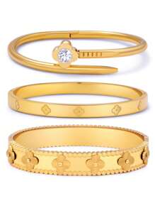 Vintage Floral Zirconia Bangle Set, Elegant Oxidized Zirconia Bracelet, Suitable For Women's Daily Wear