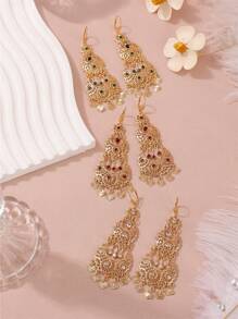 1 par de pendientes de estilo vintage de Oriente Medio con colgante de gota de agua hueco, metal incrustado con rhinestones, adecuado para uso diario, bodas, fiestas, festivales, regalo