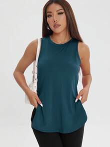 1 chiếc áo thun thể thao không tay màu trơn xẻ tà rộng rãi thoải mái dành cho nữ, mùa xuân/hè - Màu xanh hải quân - Xem 4