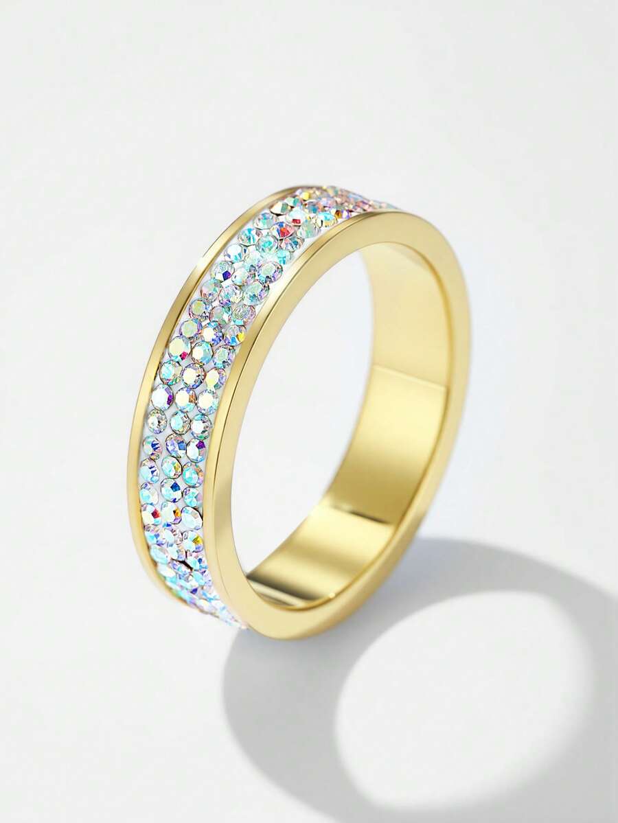 1 件时尚闪光全圆方晶锆石戒指，镀金时尚珠宝配饰，适合女士、日常佩戴或派对礼物