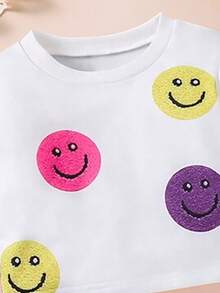 1 套青少年女孩卡通印花圆领长袖上衣和褶皱金属箔裙 - 白色 - 查看 3