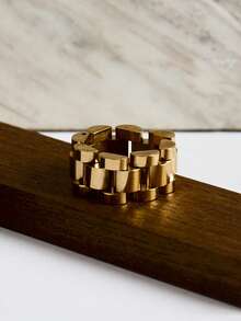 1pc Luxury Never Fade 18K Gold Plated Bold Wide Thick Ring For Women Chunky Link Chain Stainless Steel Strap Finger Rings Jewelry Winter Gifts - R5079 - View 3