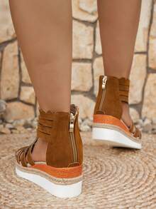 Giày sandal đế xuồng dệt dây thừng đơn giản cho nữ màu nâu, họa tiết hình học, khóa kéo sau, hở mũi, phong cách nghỉ dưỡng - màu nâu - Xem 5