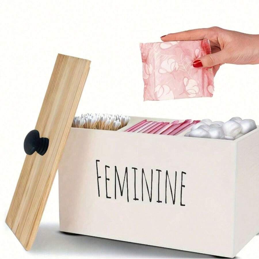 Tampon Holder For Bathroom, Farmhouse Pad Orgainzier Container, Rustic Wood Bathroom Storage Bin With Lid, Movable Partition Feminine Product Organizer, Tampon Storage Container For Bathroom, For Bathroom Small Bathroom Storage Cabinet, Multi-Compartment Durable & Easy-Clean Design For Swabs, Feminine Hygiene Supplies(The Words On The Box Are Random) - 白色 - 查看 1