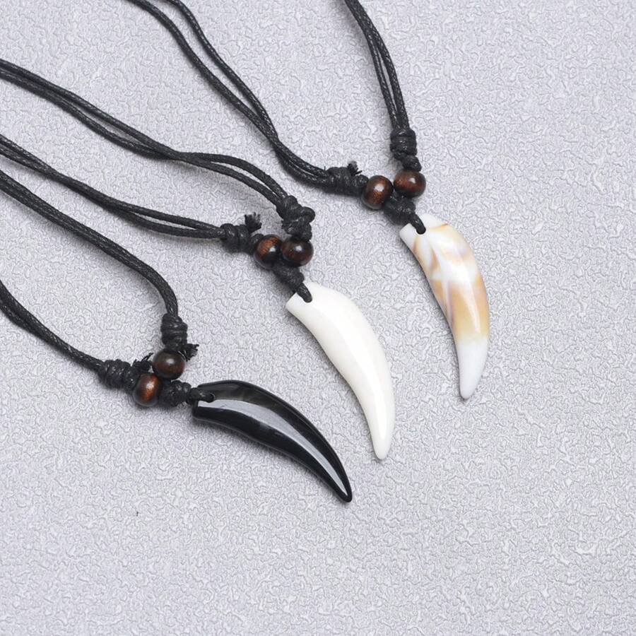 3pcs Adjustable Acrylic Faux Tooth Pendant Necklaces, Unisex Casual Vintage Fashion Accessory Suitable For Holiday, Travel, Leisure, Versatile Charm Necklace
